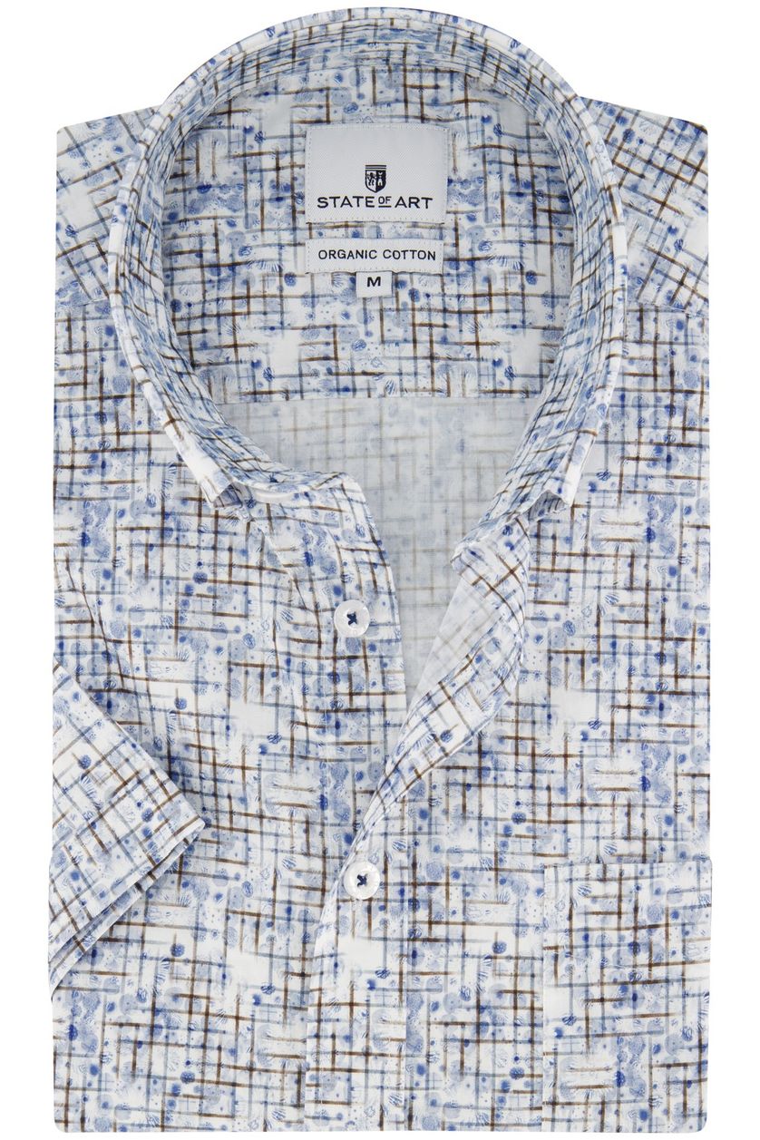 State of Art casual overhemd korte mouw wijde fit blauw geprint 100% katoen