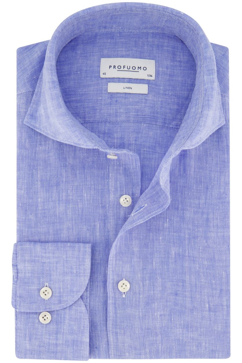 Profuomo business overhemd slim fit blauw effen linnen cutaway boord