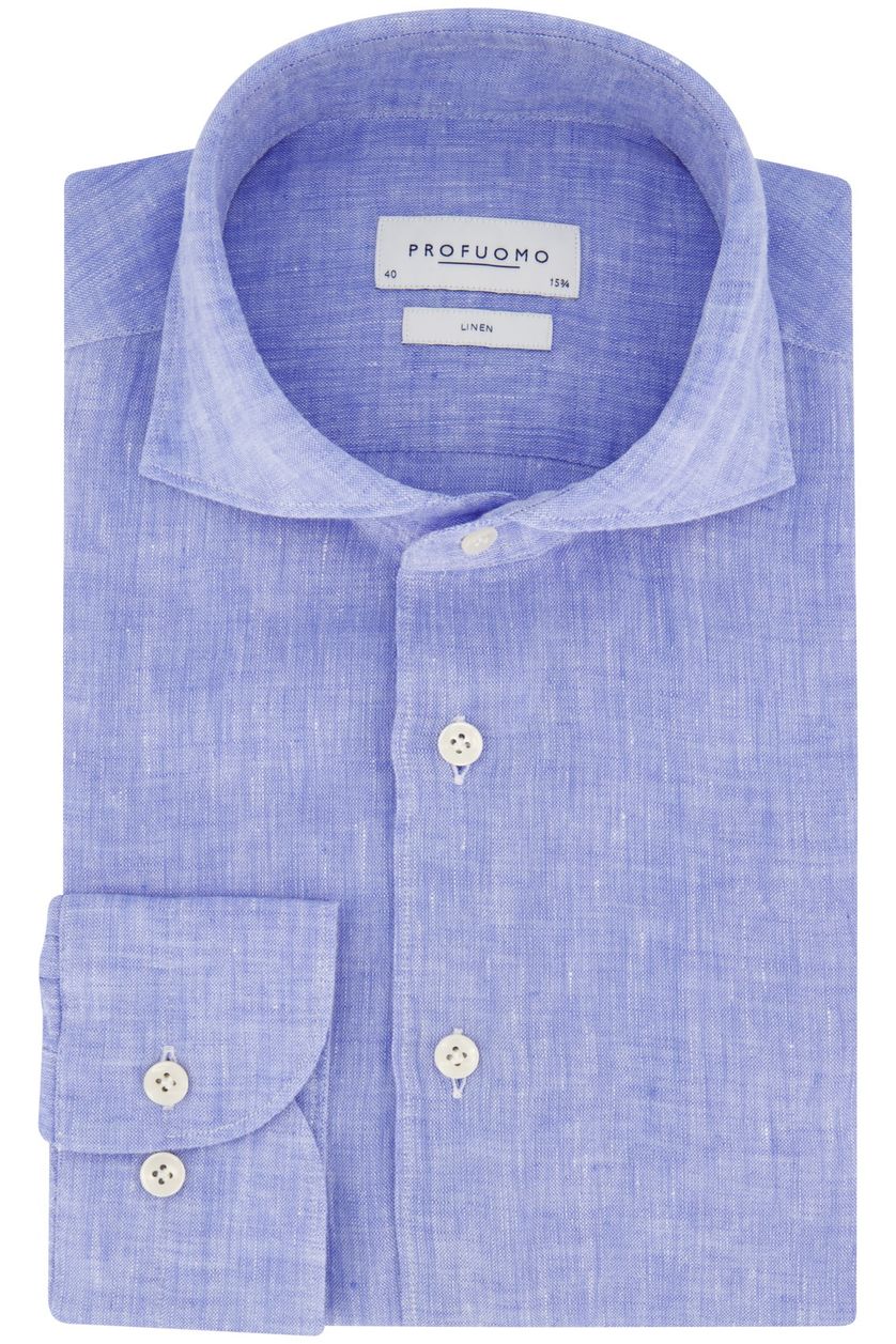Profuomo business overhemd slim fit blauw effen linnen cutaway boord