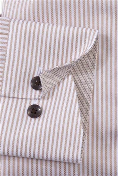 Olymp Luxor Comfort Fit business overhemd wijde fit beige gestreept katoen button-under