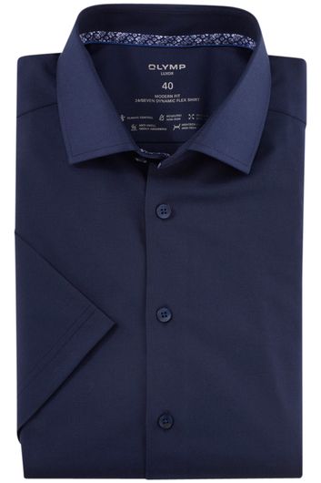 Overhemd korte mouw OLYMP Luxor 24/Seven Modern Fit normale fit donkerblauw effen katoen