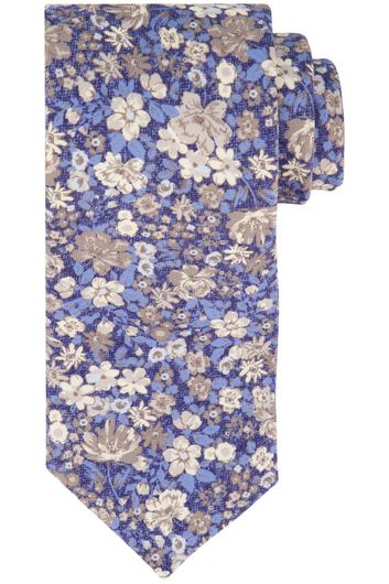 Profuomo stropdas blauw geprint bloemen 100% zijde
