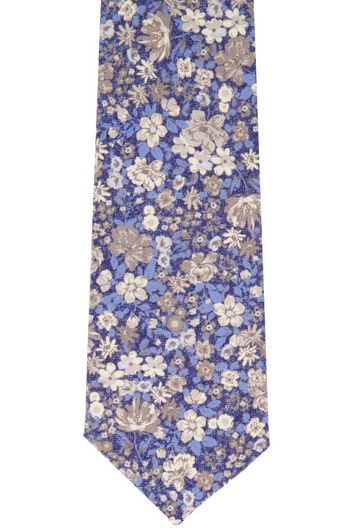 Profuomo stropdas blauw geprint bloemen 100% zijde