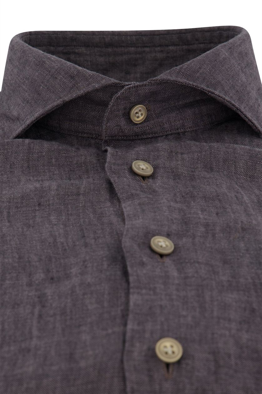 Profuomo casual overhemd grijs met bruine knopen effen linnen slim fit
