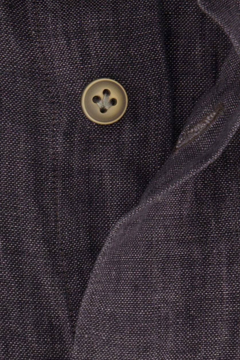 Profuomo casual overhemd grijs met bruine knopen effen linnen slim fit