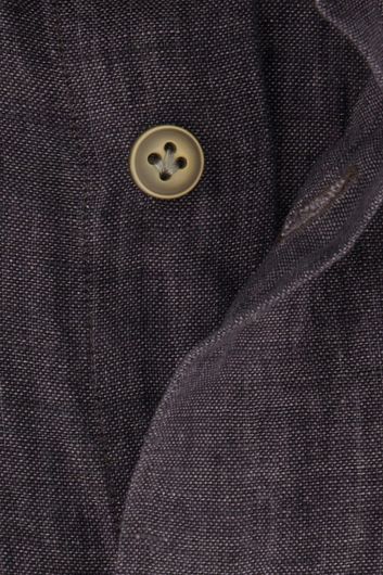 Profuomo casual overhemd slim fit grijs effen bruine knopen linnen