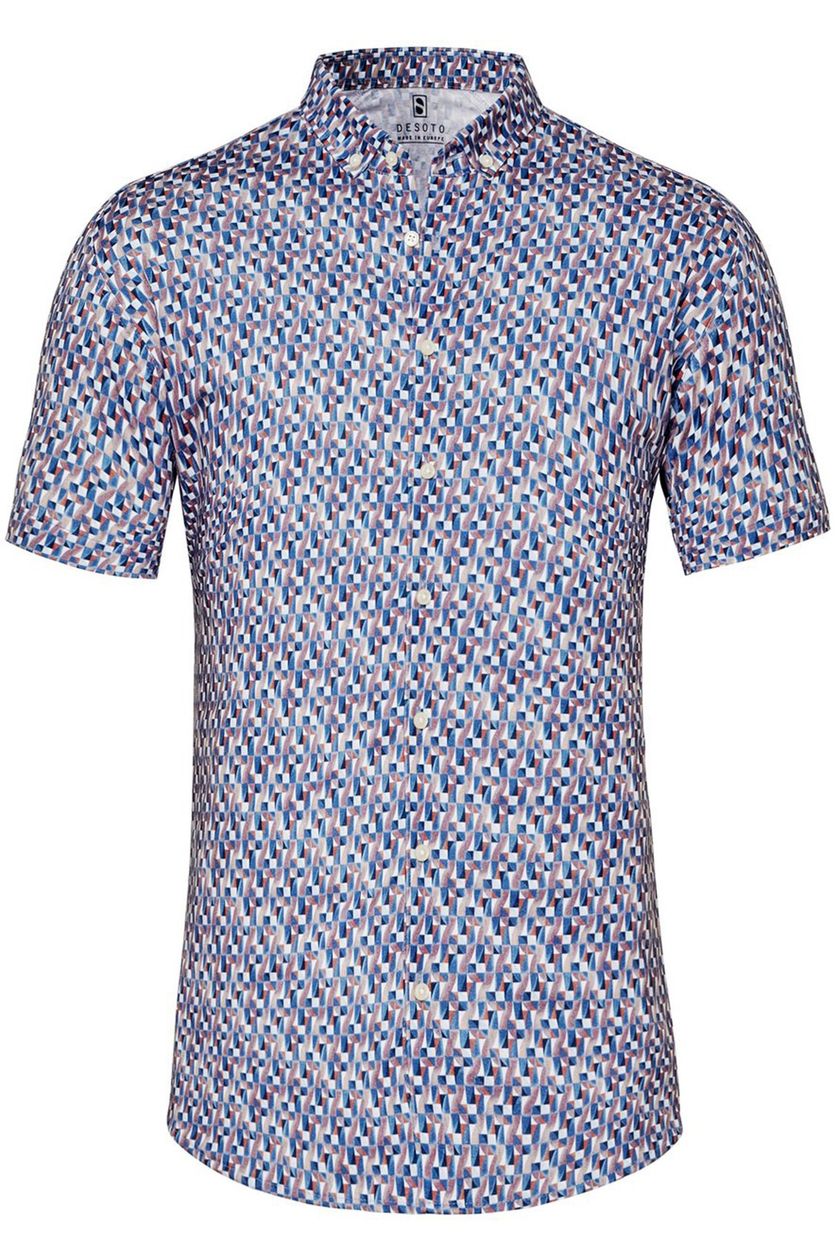 Desoto overhemd korte mouw blauw patroon katoen slim fit