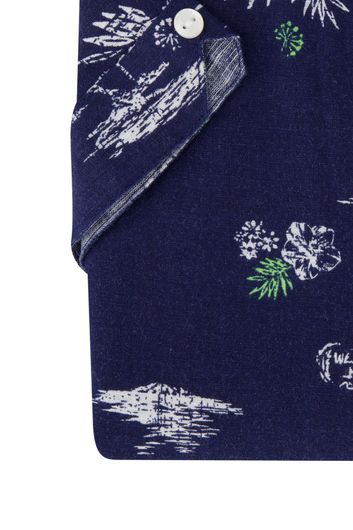New Zealand casual overhemd normale fit donkerblauw geprint bloemen linnen