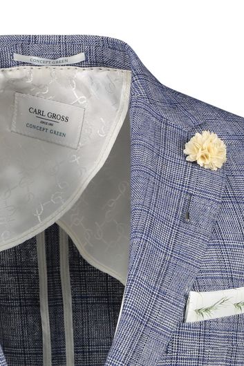 Carl Gross perfect match colbert blauw geruit linnen normale fit zwarte knopen