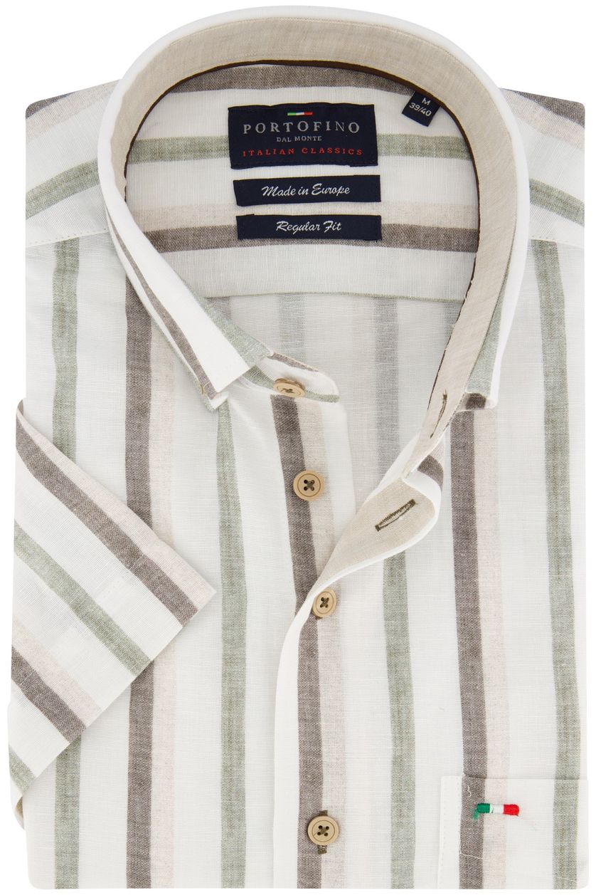 Portofino casual overhemd korte mouw wijde fit beige gestreept 100% linnen