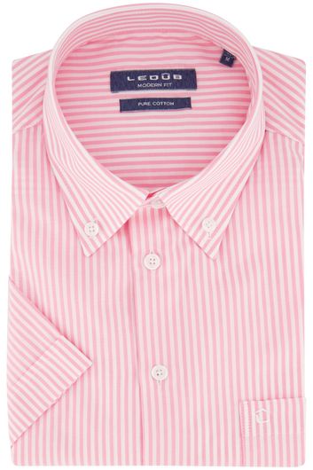 Ledub overhemd korte mouw Modern Fit normale fit roze wit gestreept katoen