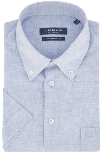 Ledub casual overhemd korte mouw Modern Fit normale fit lichtblauw effen katoen-linnen