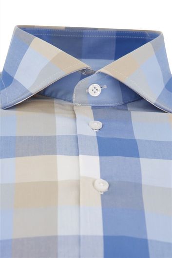 Ledub overhemd mouwlengte 7 Modern Fit New normale fit blauw beige geruit katoen