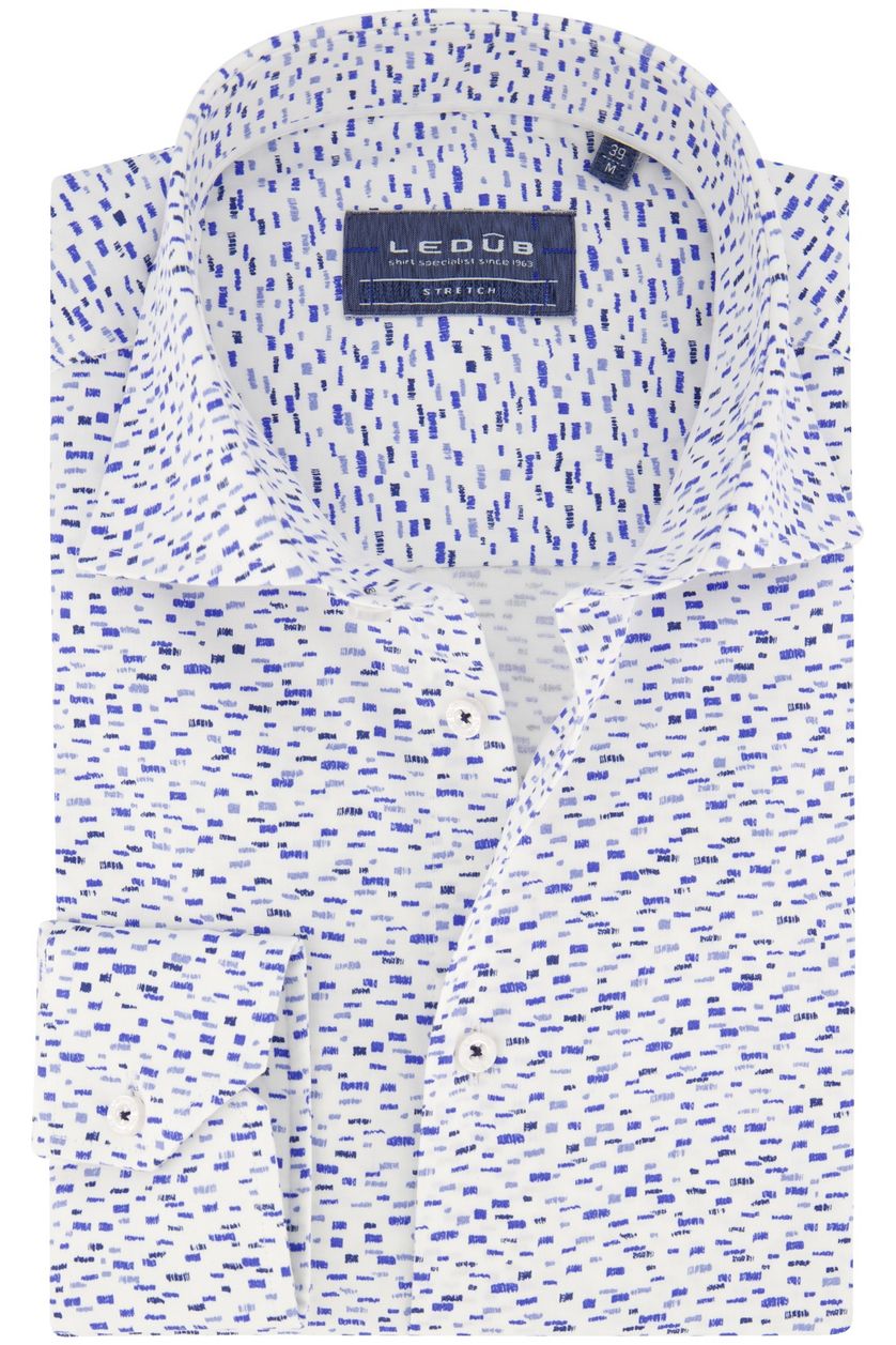 Ledub overhemd wit blauw geprint stretch