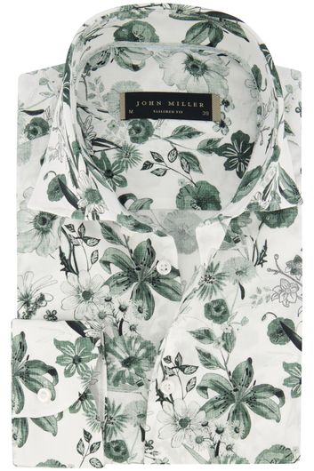 John Miller overhemd mouwlengte 7 Tailored Fit normale fit groen geprint met bloemen katoen