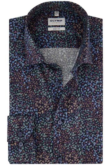 Olymp overhemd mouwlengte 7 slim fit blauw geprint katoen
