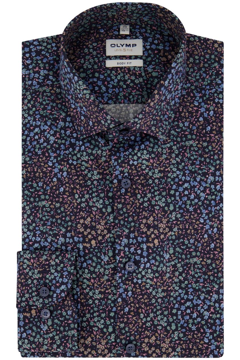 Geprint Olymp overhemd mouwlengte 7 slim fit blauw