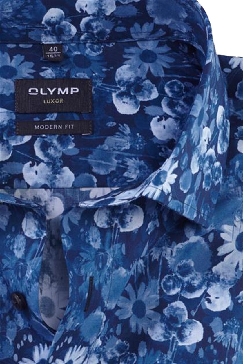 Katoenen Olymp overhemd korte mouw modern fit blauw geprint