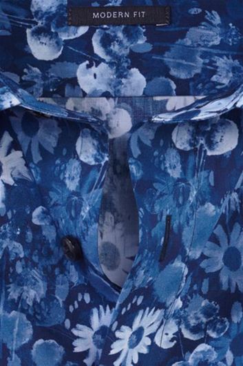 Olymp overhemd korte mouw modern fit blauw geprint katoen