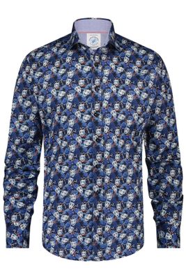 A Fish Named Fred Donkerblauw slim fit casual overhemd van A Fish Named Fred in geprint katoen