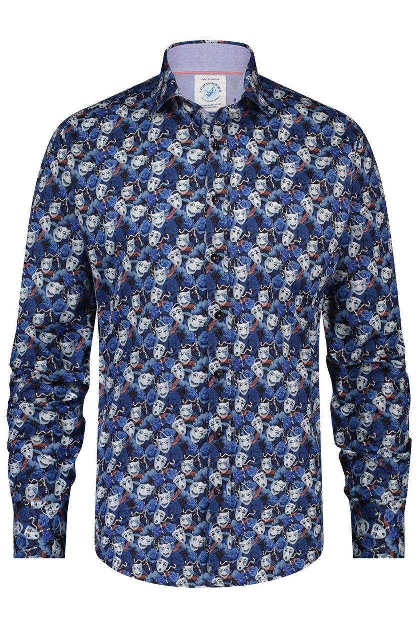 overhemd A Fish Named Fred casual slim fit donkerblauw geprint katoen