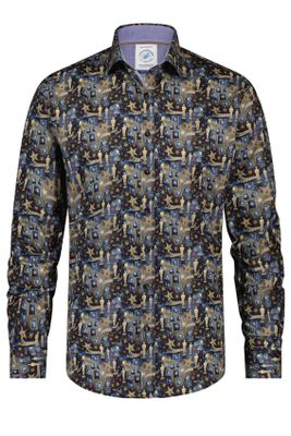 A Fish Named Fred A Fish Named Fred casual overhemd navy met print slim fit katoen
