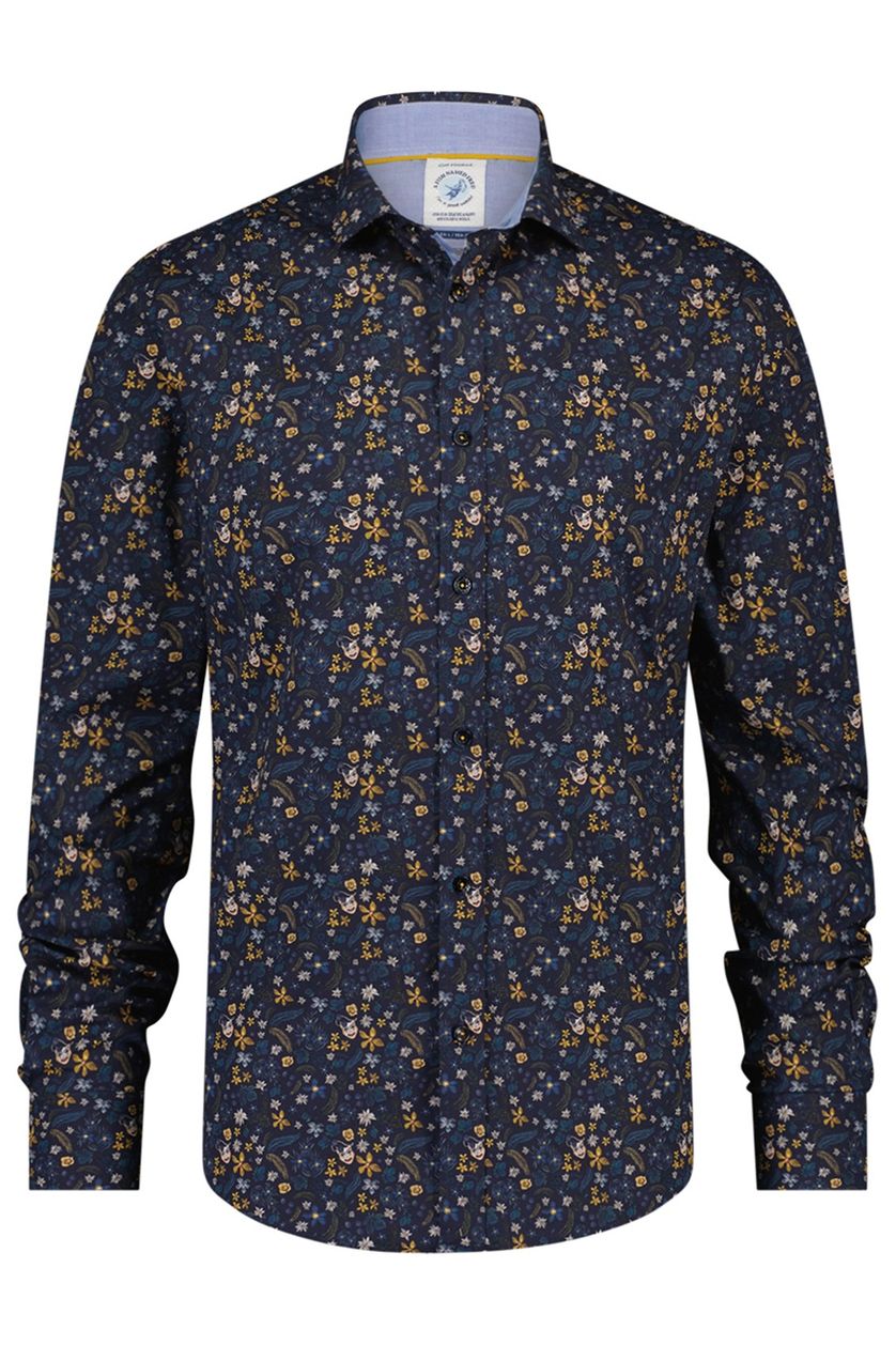 overhemd A Fish Named Fred casual slim fit donkerblauw geprint katoen