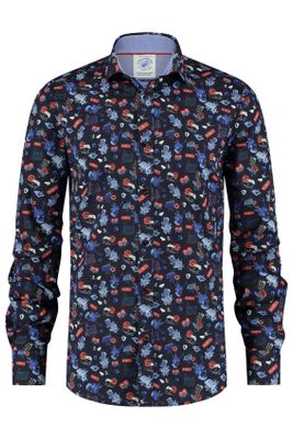 A Fish Named Fred A Fish Named Fred casual overhemd slim fit donkerblauw geprint katoen