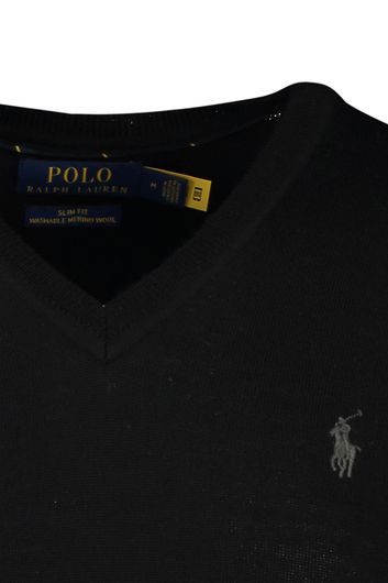 Polo Ralph Lauren trui v-hals zwart effen merinowol slim fit