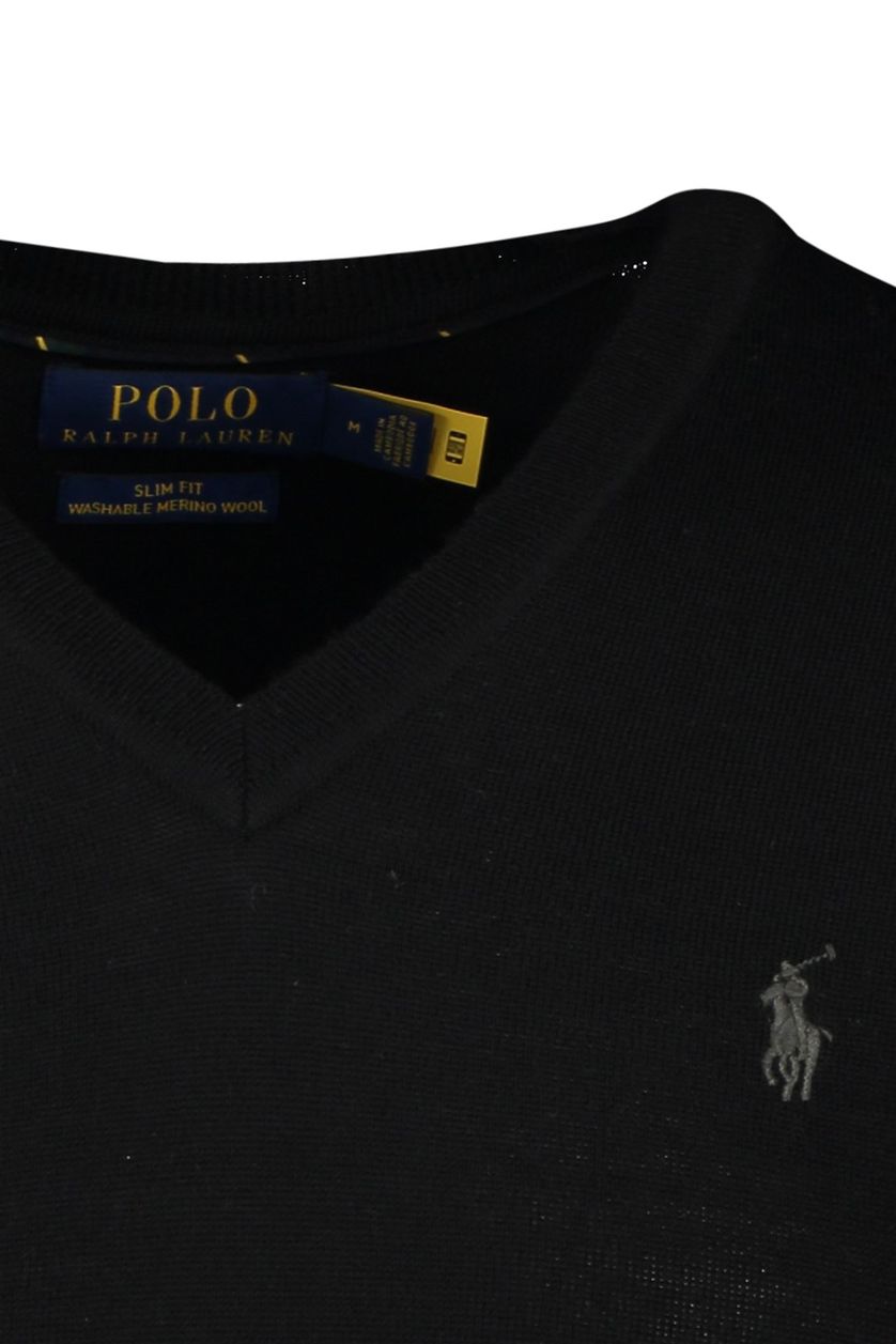 Polo Ralph Lauren trui v-hals zwart effen slim fit 100% merinowol