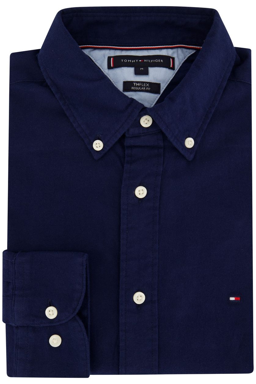 Tommy Hilfiger casual overhemd normale fit donkerblauw effen flanel katoen