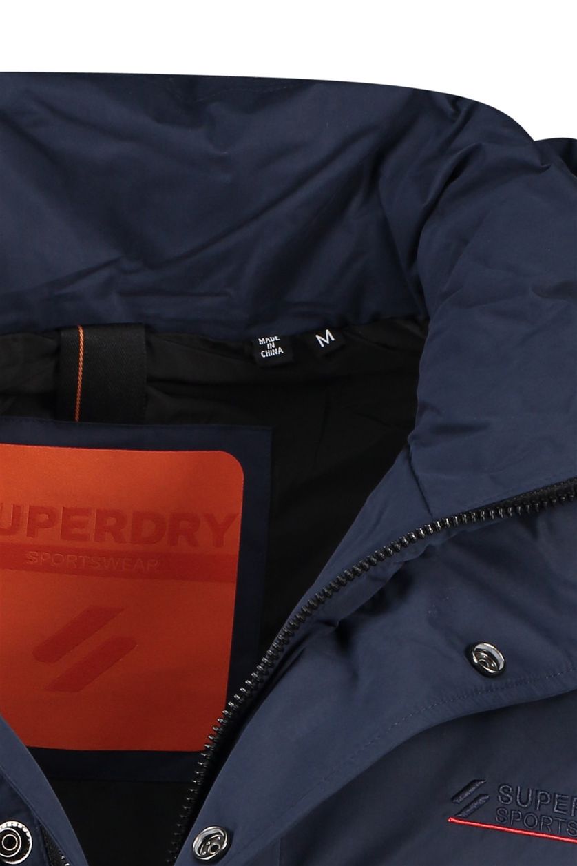 Superdry winterjas donkerblauw effen rits + knoop slim fit kort model