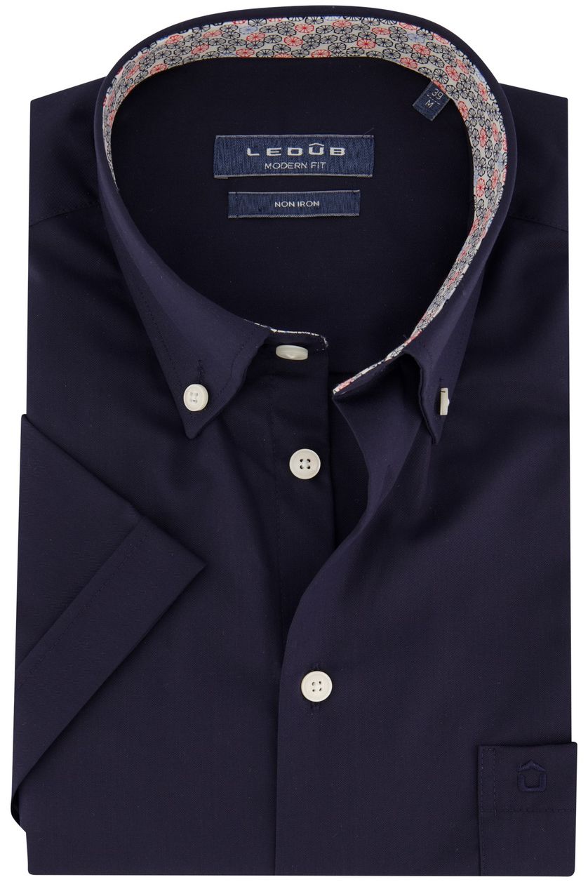 Ledub korte mouw overhemd donkerblauw modern fit katoen strijkvrij