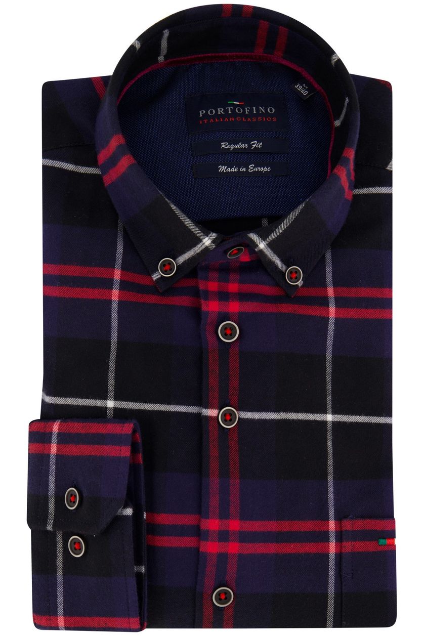Portofino casual overhemd wijde fit rood en donkerblauw geruit katoen flannel