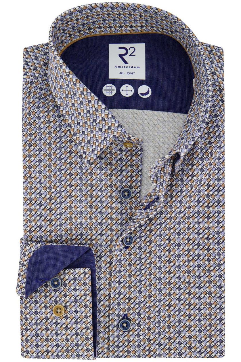 R2 business overhemd slim fit blauw geprint katoen button-under boord