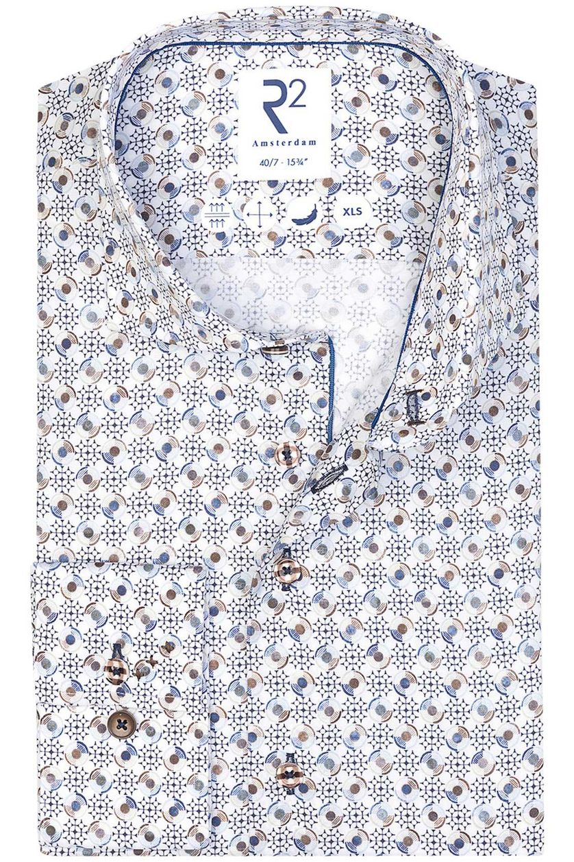 Mouwlengte 7 overhemd R2 slim fit wit blauw geprint 