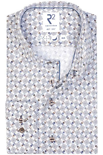 R2 overhemd mouwlengte 7 slim fit wit blauw geprint 