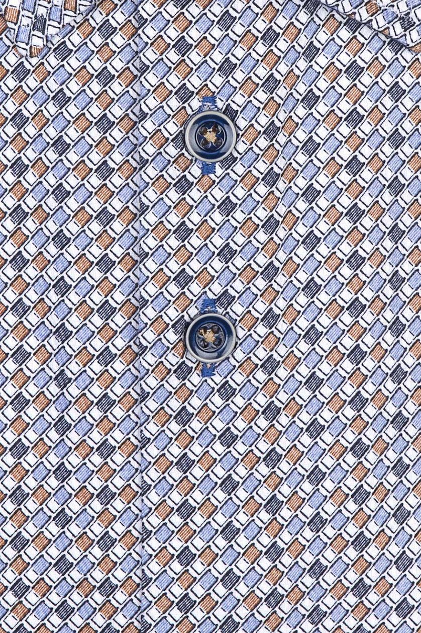 R2 overhemd mouwlengte 7 blauw beige geprint slim fit katoen