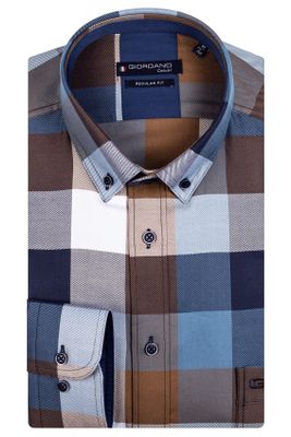 Giordano Giordano casual overhemd wijde fit bruin blauw geruit katoen