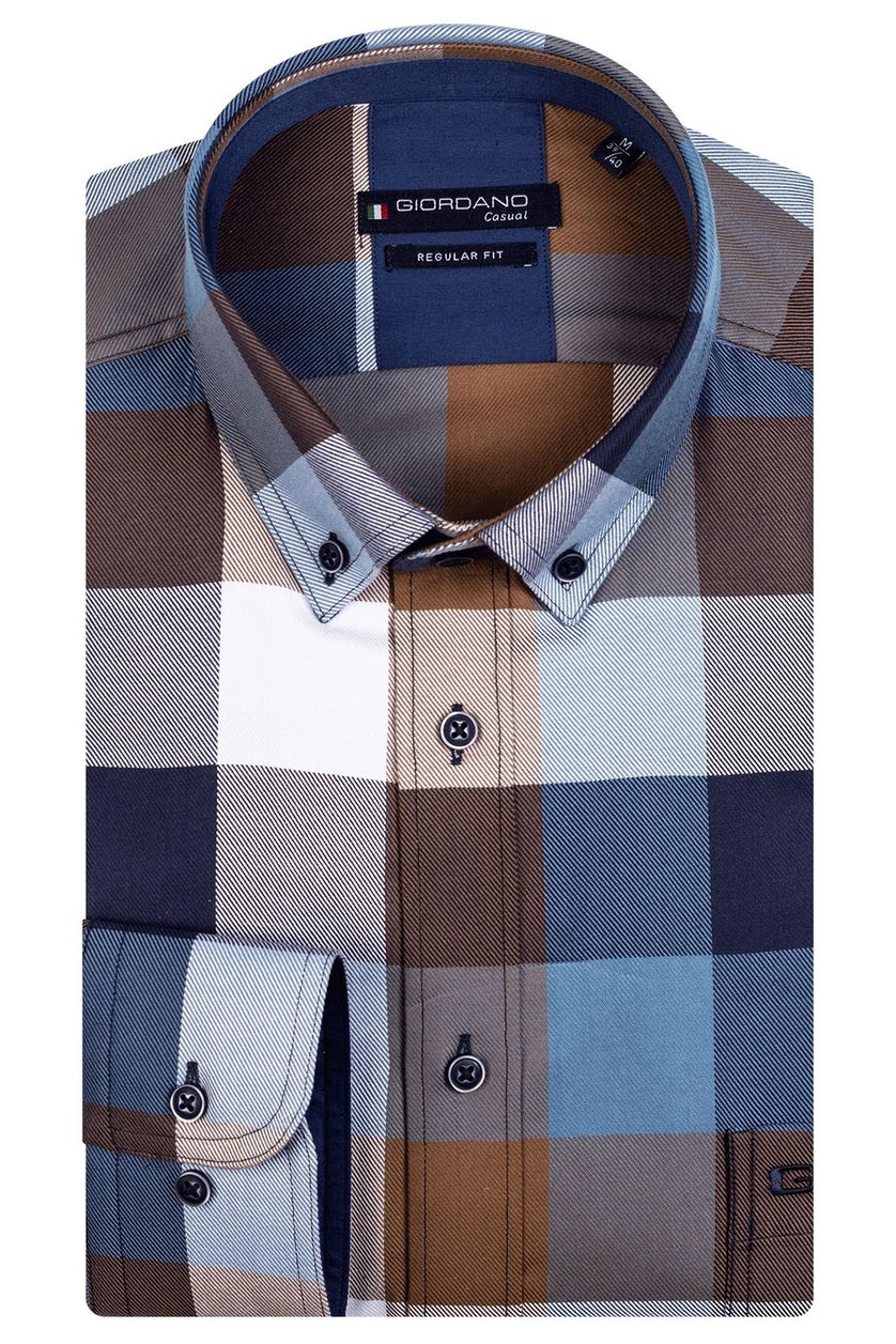 Giordano casual overhemd wijde fit bruine en blauwe ruiten katoen