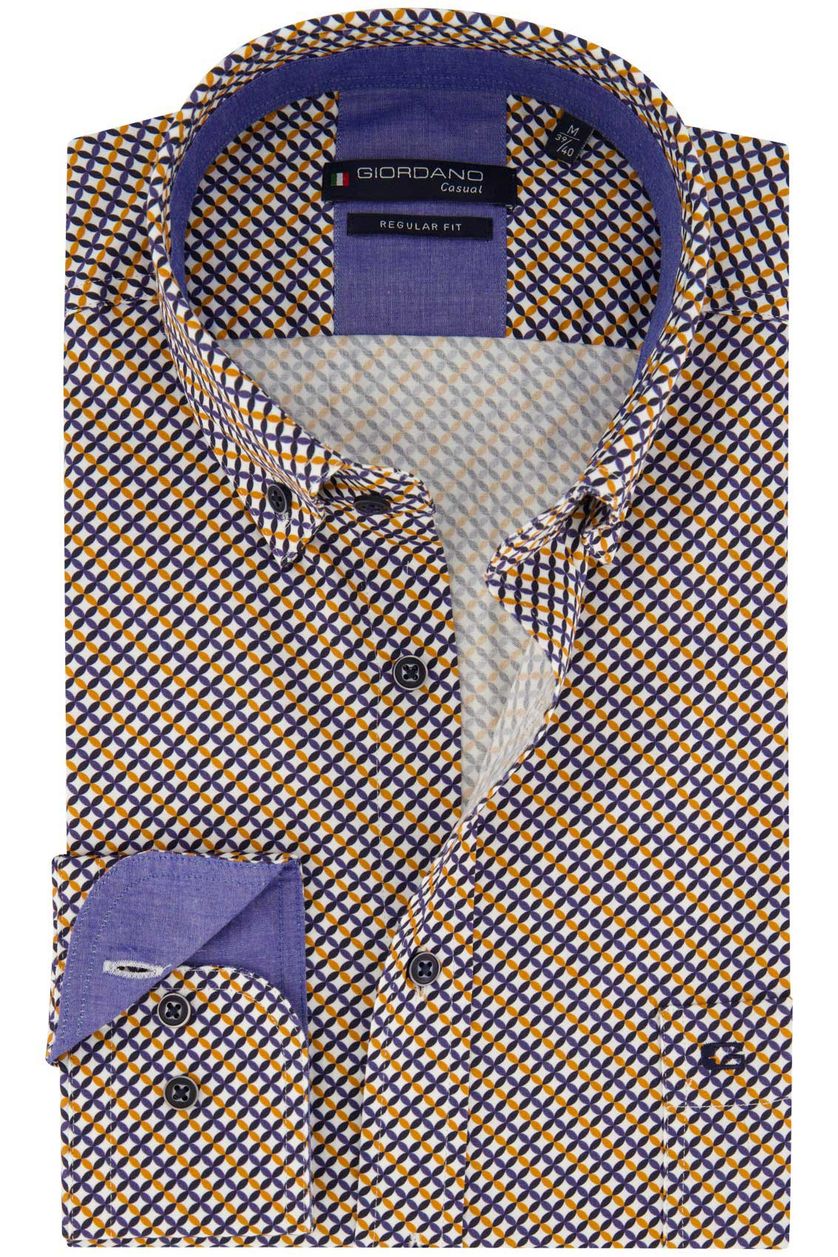 Giordano casual overhemd wijde fit geel en blauw geprint katoen