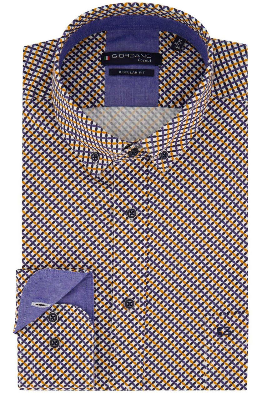 Giordano casual overhemd wijde fit geel en blauw geprint katoen