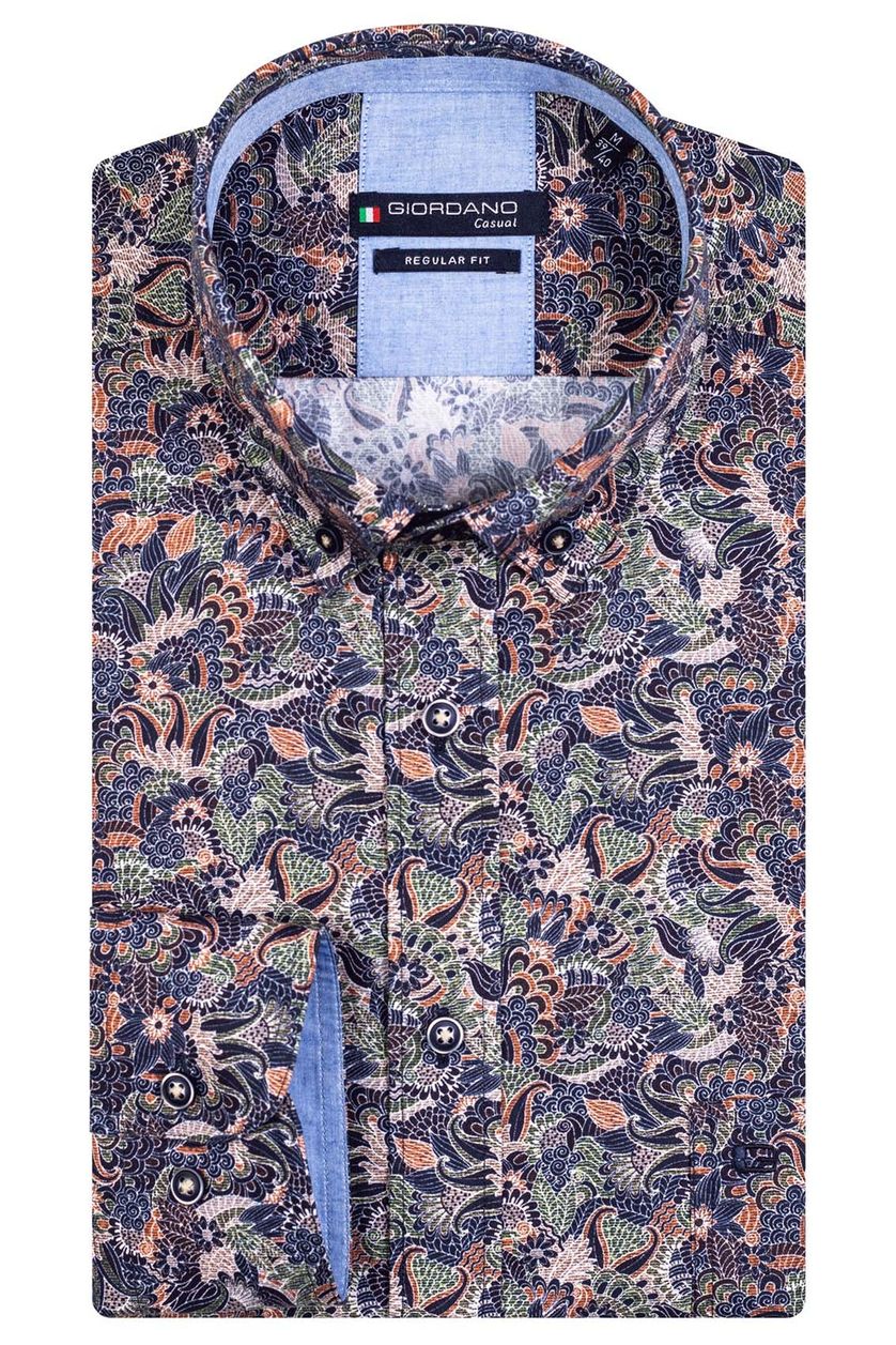 Giordano casual overhemd lange mouwen wijde fit donkerblauw geprint katoen