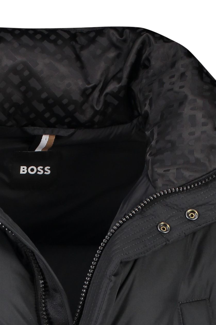 Hugo Boss winterjas zwart effen rits + knoop normale fit gewatteerd