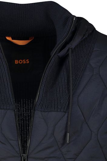 Hugo Boss vest hoodie donkerblauw rits + knoop effen merinowol
