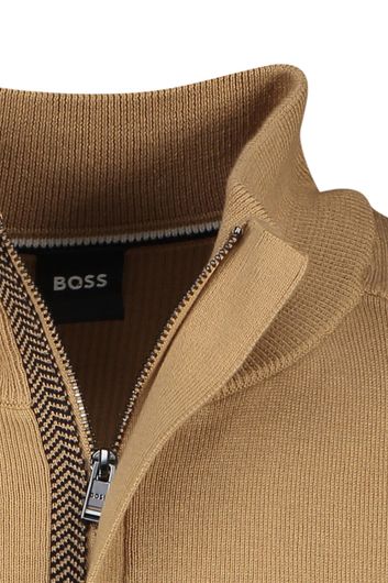 Hugo Boss trui Maretto opstaande kraag + rits bruin effen katoen
