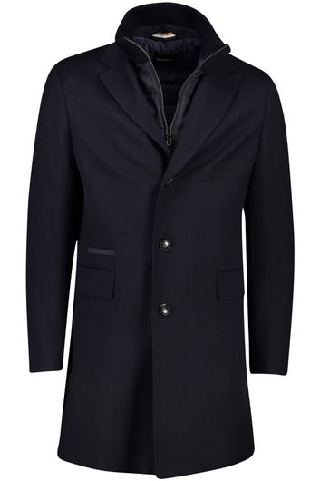 Hugo Boss Black winterjas donkerblauw effen rits + knoop slim fit wol waterafstotend