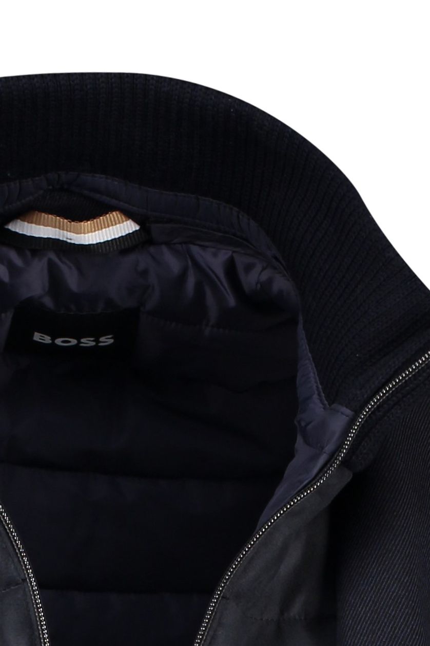 Hugo Boss Black Hyde Bibpad winterjas donkerblauw effen rits + knoop normale fit wol