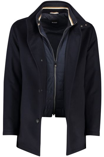 Hugo Boss winterjas donkerblauw effen rits + knoop normale fit wol