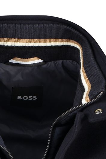 Hugo Boss winterjas donkerblauw effen rits + knoop normale fit katoen